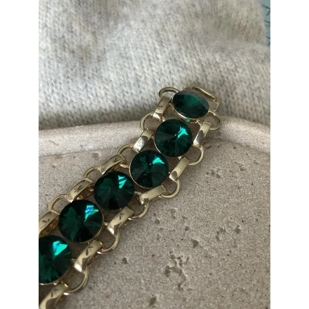 Wide Gold Tone Bracelet Green Faceted Bling Tennis Statement Chunky Costume